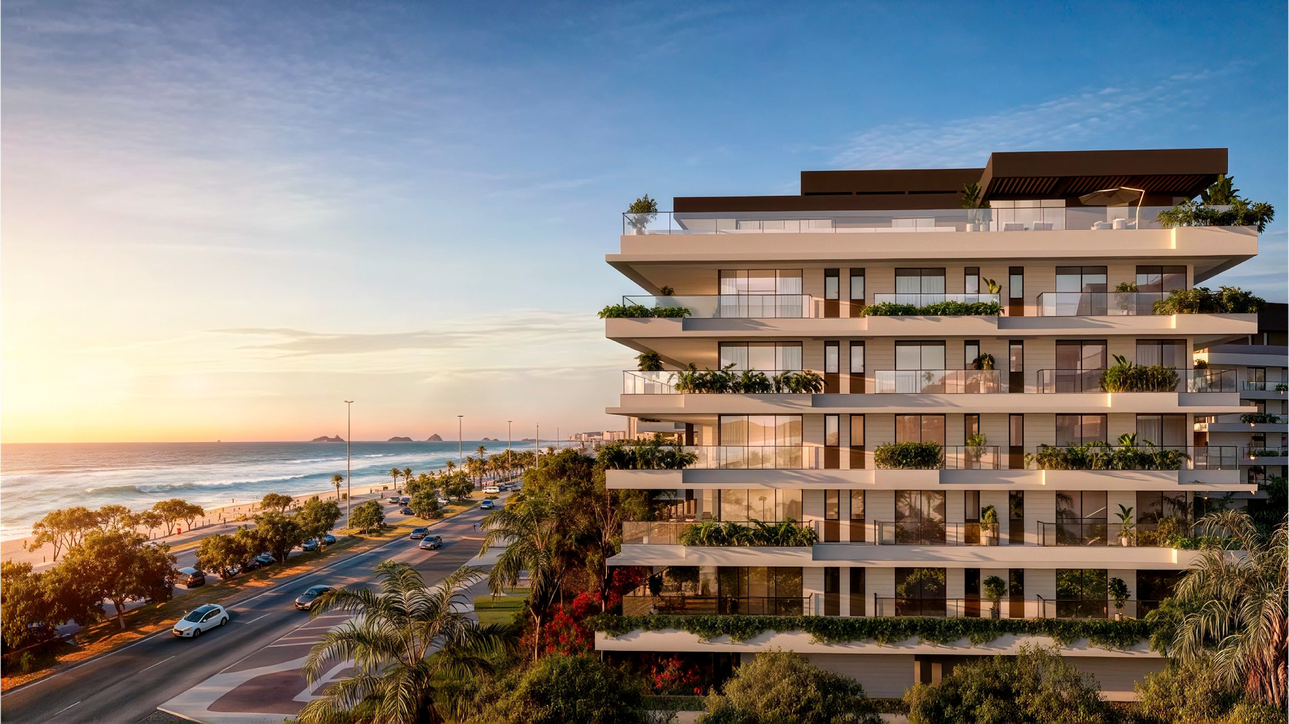 RIIO by Piero Lissoni · fachada frente-mar ao amanhecer na Barra da Tijuca
